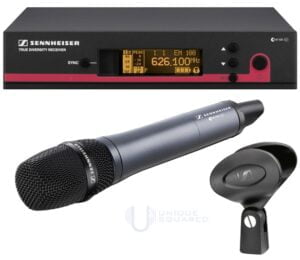 Sennheiser wireless system with handheld and large clip for microphone stand. We can also supply Microphone a Sennheiser EW100 Transmitter turns ANY dynamic microphone into a wireless microphone! Turn your favourite microphone into a wireless one!