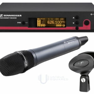 Sennheiser wireless microphone system with handheld and large clip for microphone stand.