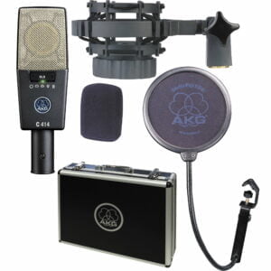 Picture shows an Large Diaphragm AKG C414 Recording Studio microphone with pop filter, cradle and carry case.
