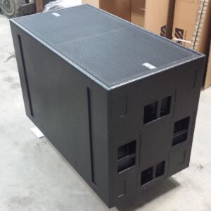 a photo of a dbtechnologies DVA S30b subwoofer speaker. These speakers have wheels on the back making them easy to move around.