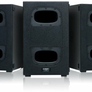 This picture shows some 12 inch QSC subs. QSC KS112 ultra-compact active 12-inch subwoofer available for hire in Auckland.