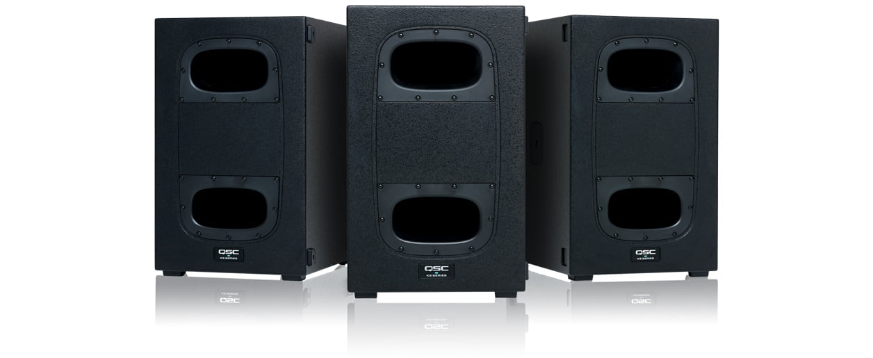 This picture shows some 12 inch QSC subs. QSC KS112 ultra-compact active 12-inch subwoofer available for hire in Auckland.