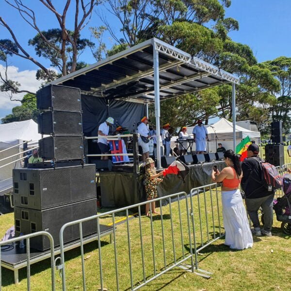 The Rock Factory's Stageline SL75 Trailer stage setup for Waitangi day 2024 at Point England Reserve in Auckland.