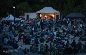 Medium sized Covered Stage, in the background, with a large crowd of festival attendees in the foreground. It is night time and the stage is lit.
