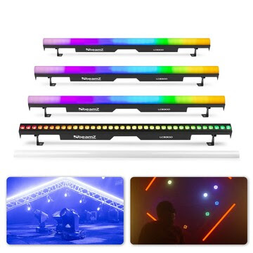 This picture shows the the one metre LED Strip lights with and without its half tube diffuser. It also shows some photos of applications at the bottom. Available for hire from The Rock Factory in Auckland