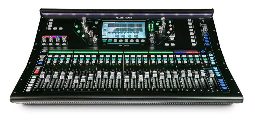A picture example of the Allen and Heath SQ mixing desk for hire. This digital sound desk hire option is flexible and easy to use.