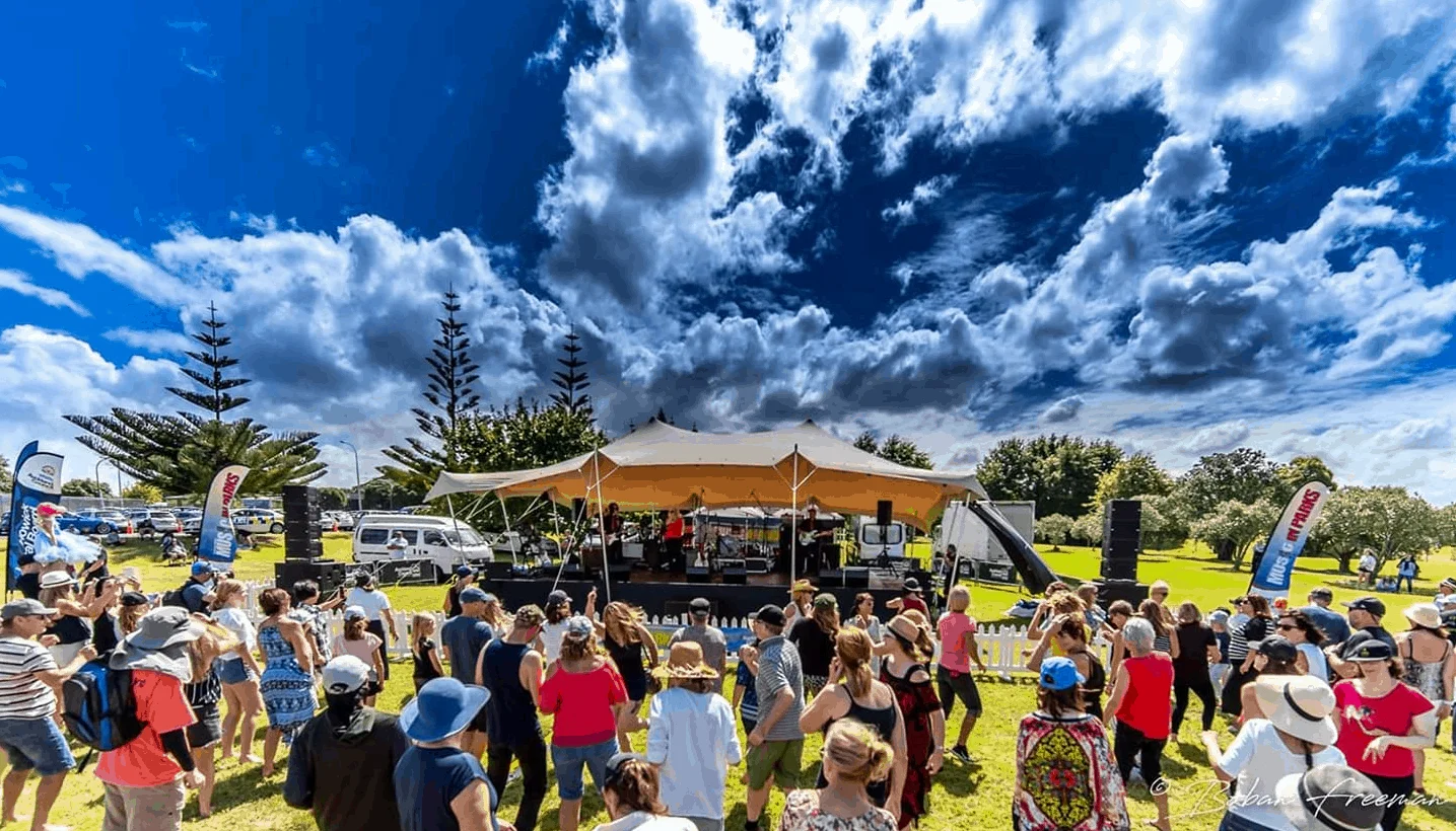 This picture shows a setup for an outdoor music concert in the park. Lloyd Elsmore Park Howick, which is part of the Music in Parks series by Auckland Council. It is one of the highlights of our year.