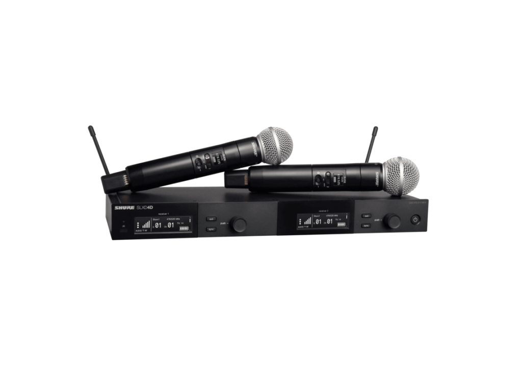 Choose from corded or wireless microphone when you hire from The Rock Factory. THis picture shows a 2 cordless microphone system.