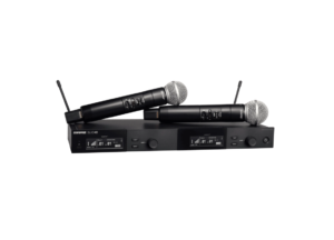 This is a picture of a shure SLXD Wireless Microphone system with 2 hand held microphones. This is one of the types of rent wireless microphones systems we have available for hire.