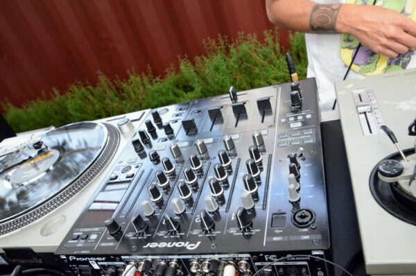 Close up picture of a couple of our turntable hire options setup at an event at silo park in Auckland.