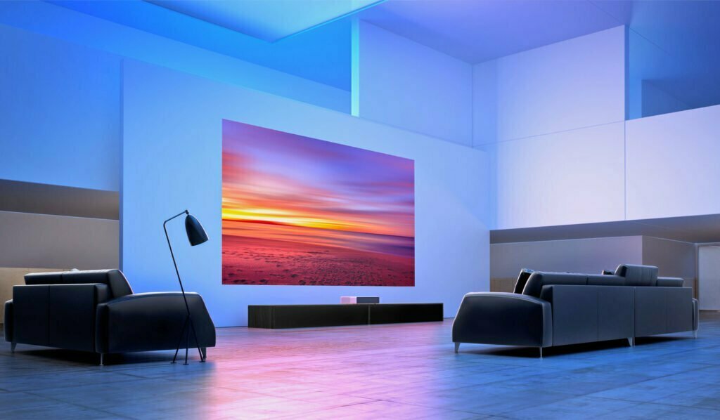 Picture showing a short throw projector showing media on a white wall. Hire a projector such as this short throw projector for your next event or movie night. This projector is popular for audio visuial hire auckland.
