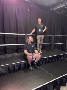 Mark and Seb show the sturdy tiered seating stage we created with an awesome handrail at the back. Customised build for this TV set. Stage hire or rental options.