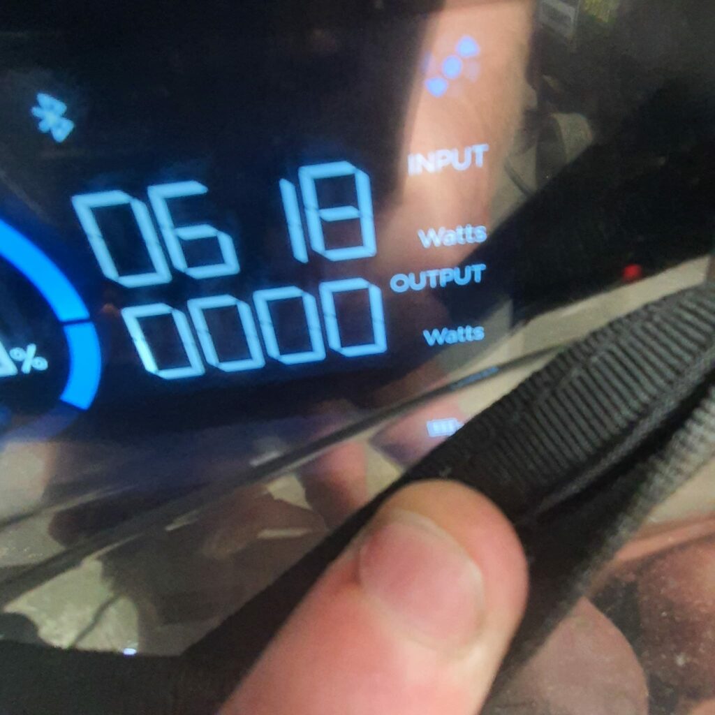 Ecoflow Delta Pro battery pack display panel showing input from solar panels even on an overcast day.
