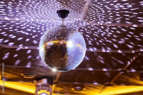 This picture shows the mirrorball lighting effect. A shimmering and shiny special effect that can be brought to life at your event. Hire a mirror ball or disco ball hire auckland with pinspot from the rock factory.