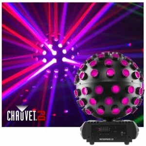 Picture of the Chauvet Rotosphere light that makes an impressive and versatile effect similar to the disco ball hire or mirror ball, giving a colourful light display.