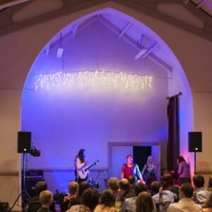 Sound system used by an acoustic performance at a wedding.