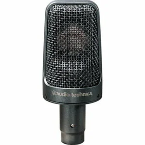Audio Technica AE3000 condenser microphone. A dark grey somewhat short rectangular-shaped microphone.