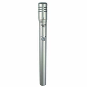 Shure SM81 microphone, a slim silver-coloured microphone.