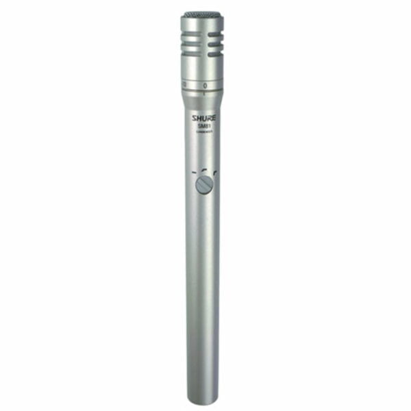 Shure SM81 microphone, a slim silver-coloured microphone.