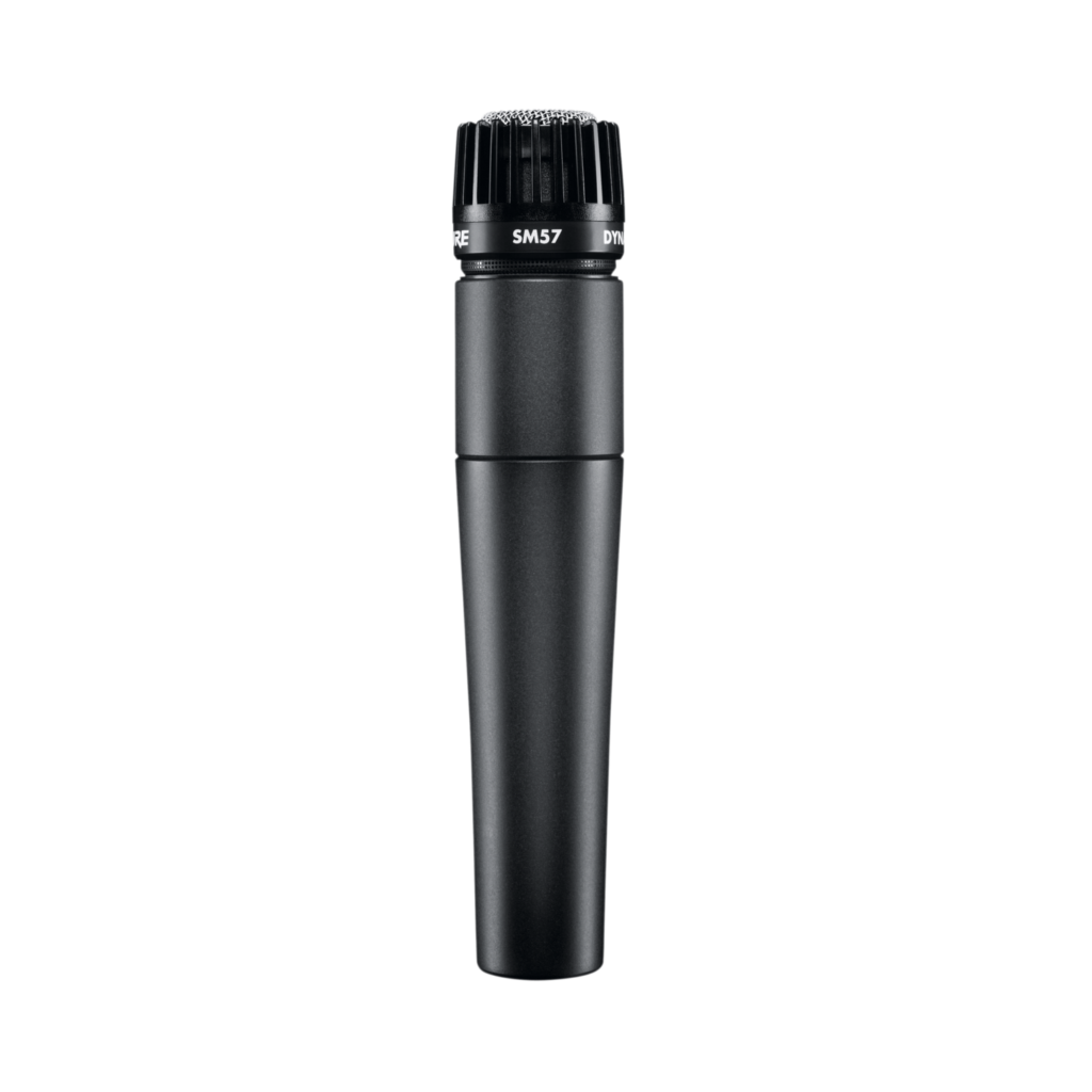 Shure SM57 microphone. Black instrument microphone with fins around the grill. The microphone and handle are a slim tapered cylinder. Hire or buy the Shure sm57 instrument microphone from the rock factory in Auckland.