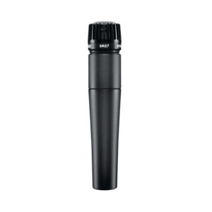 Shure SM57 microphone. Black instrument microphone with fins around the grill. The microphone and handle are a slim tapered cylinder. Hire or buy the Shure sm57 instrument microphone from the rock factory in Auckland.