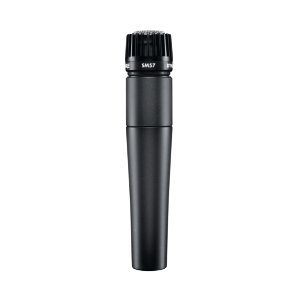Shure SM57 microphone. Black instrument microphone with fins around the grill. The microphone and handle are a slim tapered cylinder. Hire the Shure sm57 instrument microphone from the rock factory in Auckland.
