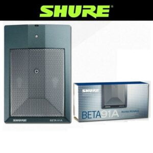 Photo of a Shure Beta91a bass drum microphone perfect for capturing the kick drum (responsive for both low end and high end TAP) and great for putting inside the kick drum on a pillow.