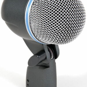 Shure Beta52 Kick Drum Mic, round shape with silver grill and blue stripe.