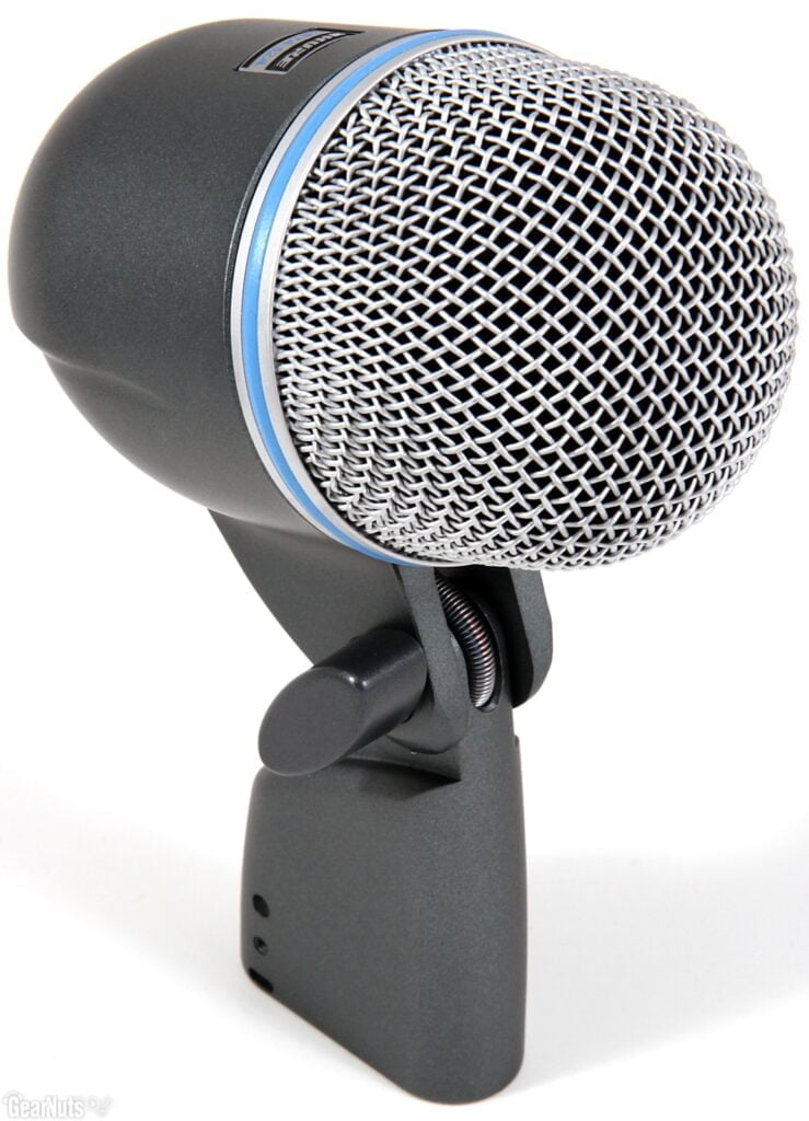 Shure Beta52 Kick Drum Mic, round shape with silver grill and blue stripe.