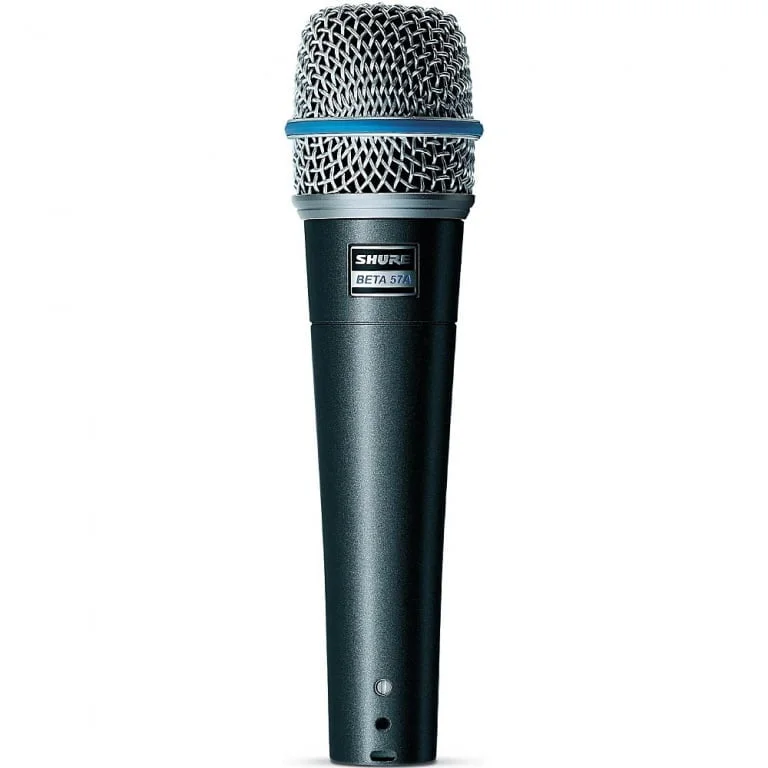 Shure Beta57A Instrument microphone. Dark grey microphone handle, with a mesh grill, and blue stripe around the grill. The grill aligns with the handle, making it look more streamlined than a classic icecream shaped microphone.
