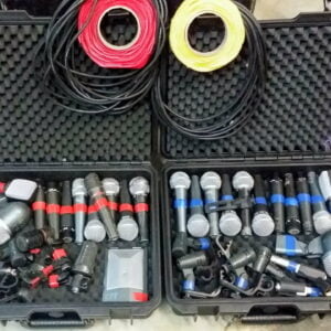 Photo shows examples of the Hire band microphone kit you can rent from the rock factory in Auckland today.