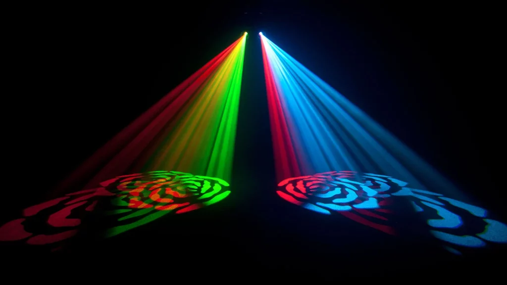 Photo showing example of the effects that the chauvet intimidator spot 250 puts out. A great compact moving head available for hire from the rock factory.
