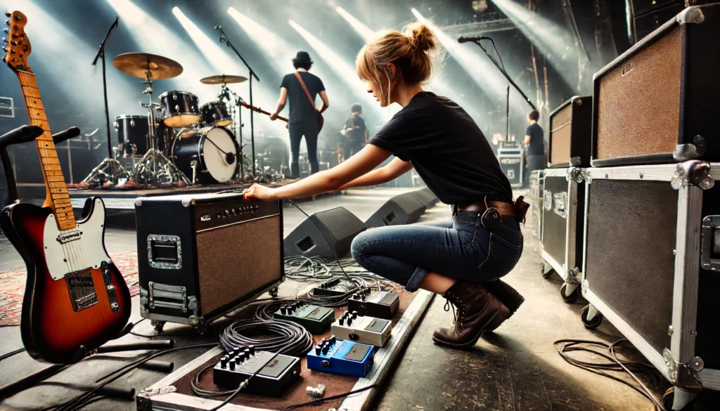We asked Dall-E to create an image of a backline technician helping setup the band's backline onstage. You can hire a backline technician in Auckland from The Rock Factory.