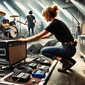 We asked Dall-E to create an image of a backline technician helping setup the band's backline onstage. You can hire a backline technician in Auckland from The Rock Factory.