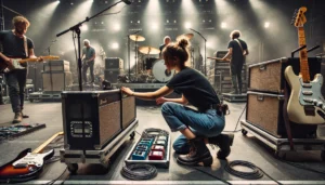 A backline technician onstage helping to setup the bands backline equipment. She is kneeling adjusting an amplifier. We could not find any good pictures of backline techs online so this is one created by DALL-E. You can hire a backline technician in Auckland from The Rock Factory.