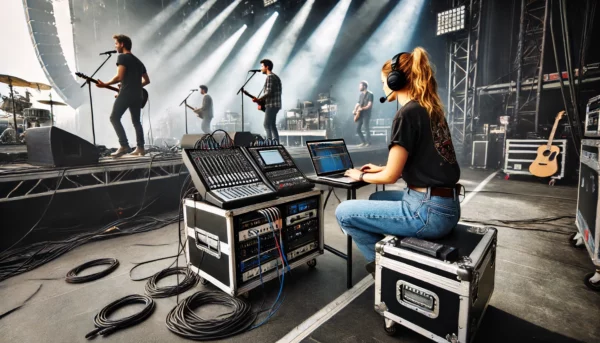 A playback technician setup onstage. We could not find many photos of playback techs onstage so this one is created by DALL-E.