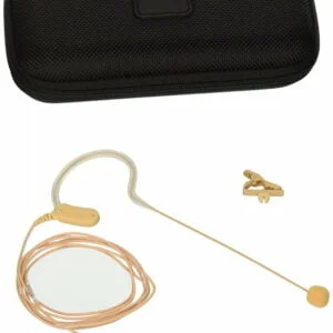 Picture of a Shure MX153 headworn microphone with single ear design with handy protective case. Easy to use and place. Rent Wireless Microphones like this one.