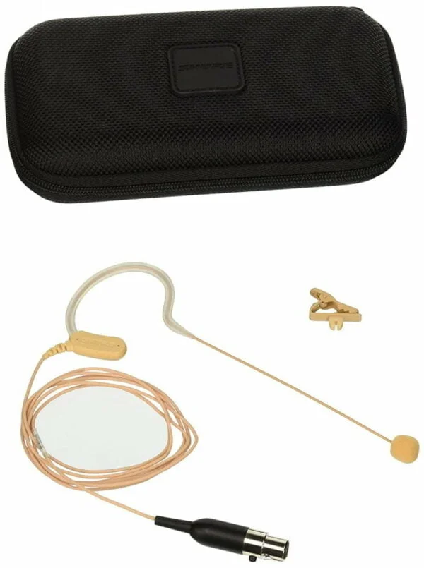 Picture of a Shure MX153 headworn microphone with single ear design with handy protective case. Easy to use and place. Rent Wireless Microphones like this one.