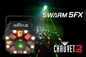 Promotional picture from Chauvet DJ of the Swarm 5FX DJ light. Great for school discos, dance parties and backlighting behind a DJ or band.