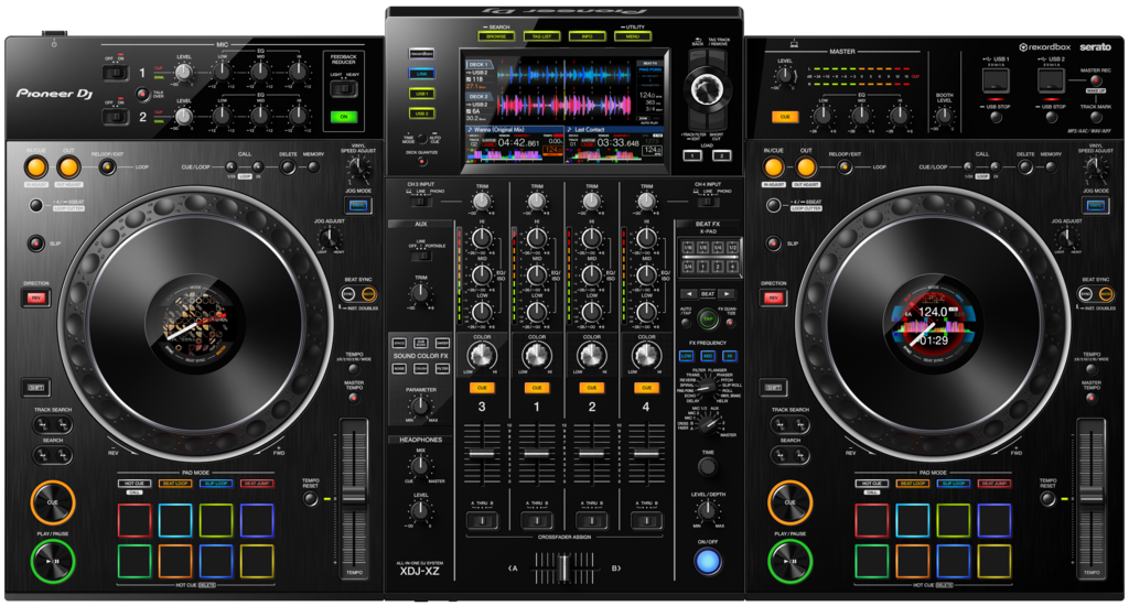 Shows a bird's eye view of the XDJ-XZ DJ Controller, and all in one replacement for the standard DJM900 nexus 2 with 2x CDJ2000 nexus2. Available for hire from the rock factory in auckland.