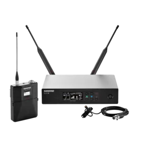 Picture of the Shure QLXD beltpack system with lavalier / lapel microphone option.
