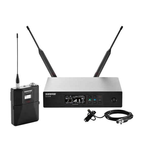 Picture of the Shure QLXD beltpack system with lavalier / lapel microphone option.