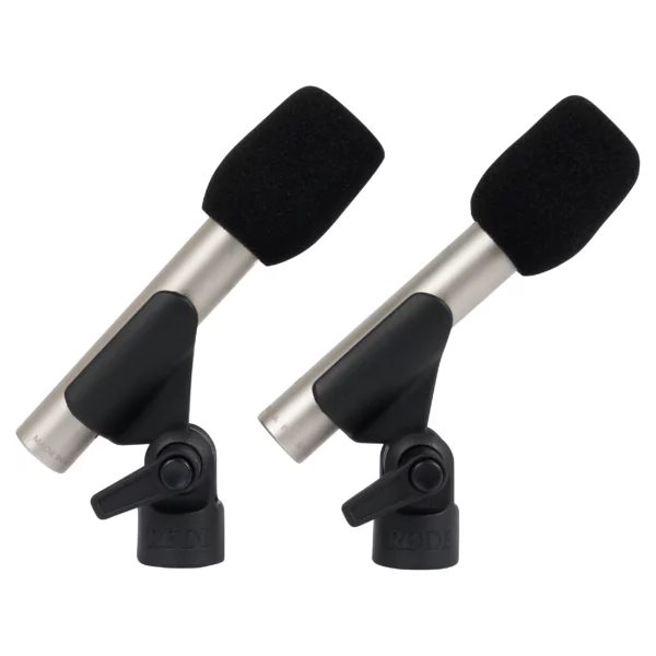 Rode NT5 microphones shown with their accessories - microphone clips and wind socks.