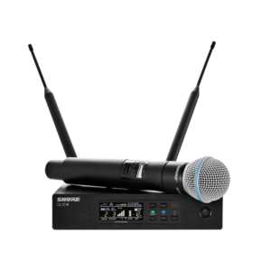 Picture of the Shure QLXD wireless handheld system with beta58a capsule. Radio microphone for hire in Auckland, NZ