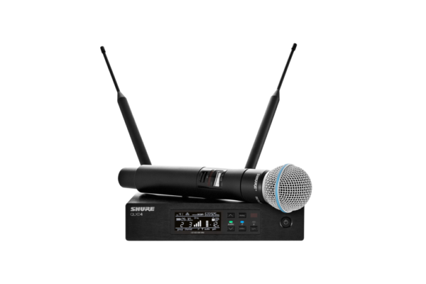 Picture of the Shure QLXD wireless handheld system with beta58a capsule. Radio microphone for hire in Auckland, NZ