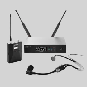 Shure QLXD wireless system with beltpack and headworn microphone.