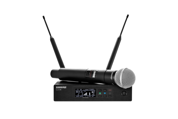Picture of the Shure QLXD24/SM58 Wireless Microphone System. A great option for hiring a cordless microphone or radio microphone rental.