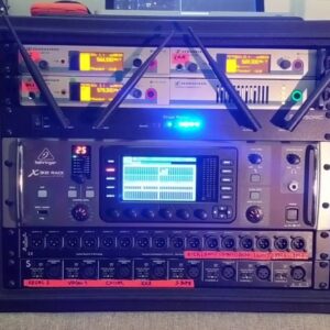 Photo of an IEM Rack setup that includes IEM wireless systems and a Rack mixer with inputs.