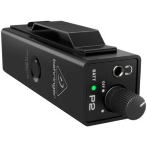 Photo of the P2 wired IEM personal monitoring amplifier. Just plug your headphones in!