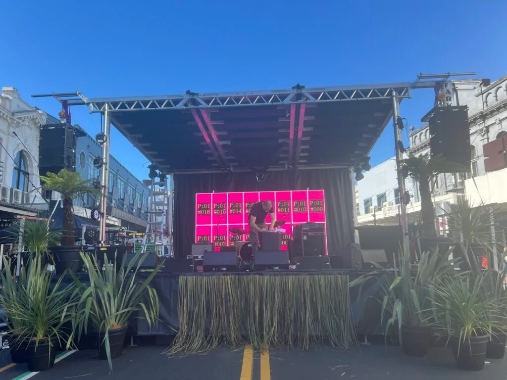 Mobile Stage Hire - The SL75 Stage setup in the middle of K road in Auckland.